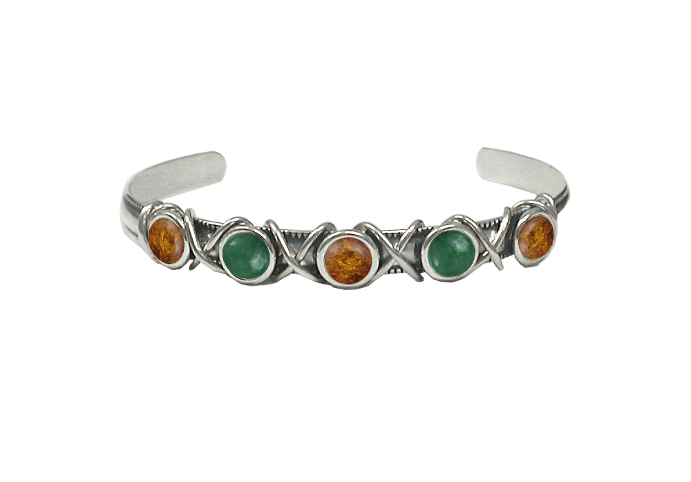 Sterling Silver Cuff Bracelet With Amber And Jade